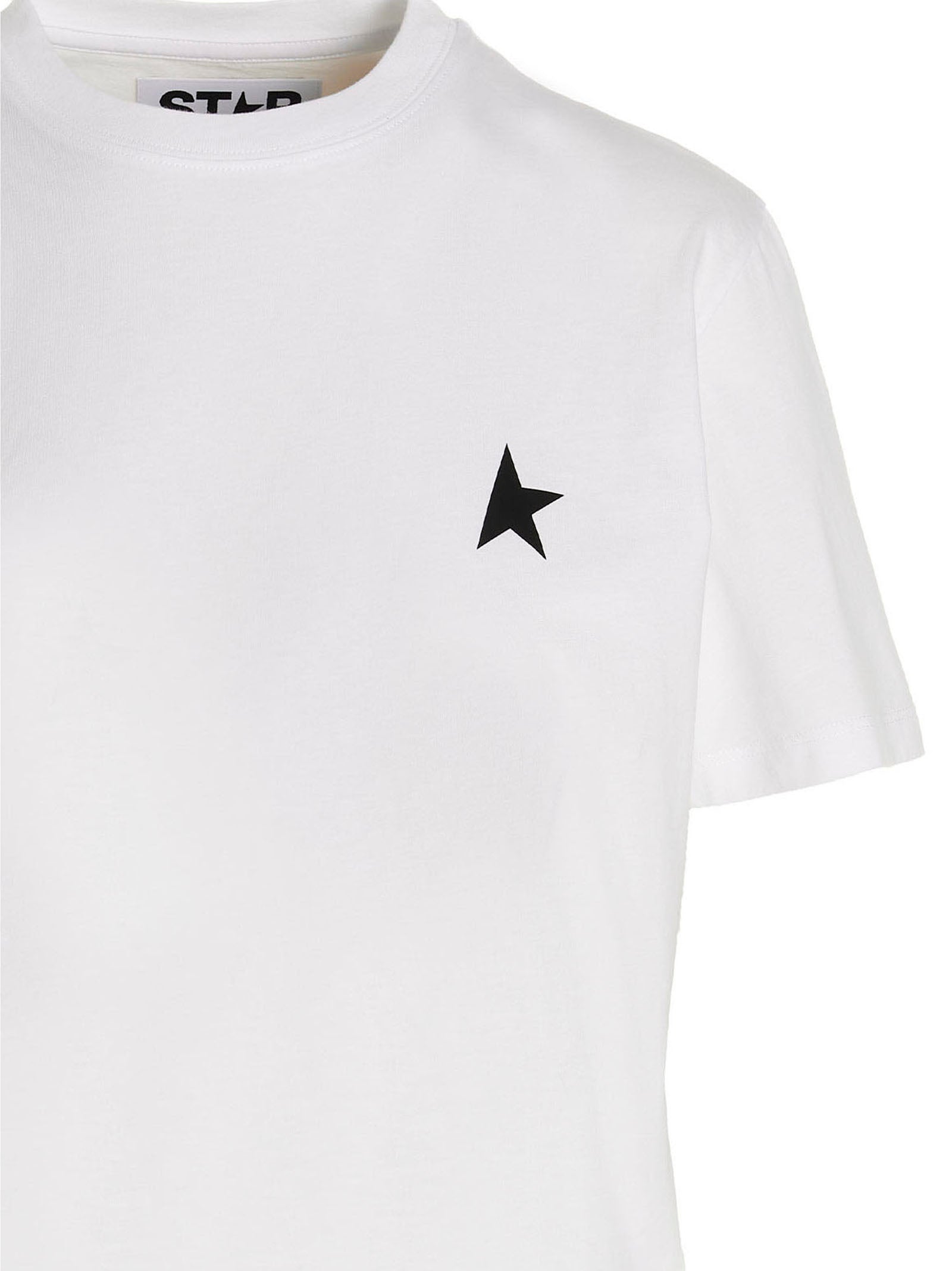 T-Shirt by Golden Goose for women in cotton white & print showcases a dramatic silhouette, elegantly detailed with a dramatic crew neckline and for a truly dramatic finish.