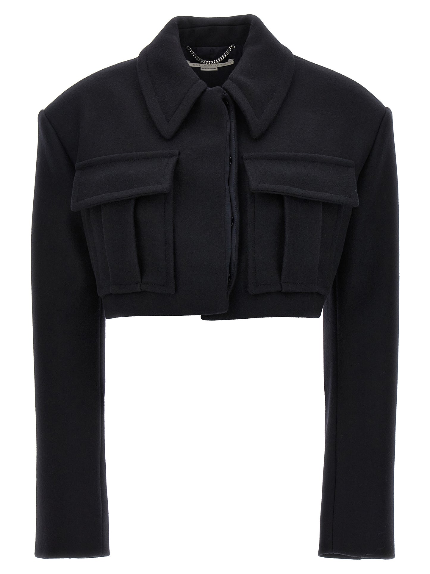 Overcoat by Stella McCartney for women in wool black features an voluminous silhouette, showcasing distinct pockets and a voluminous for a truly voluminous aesthetic.