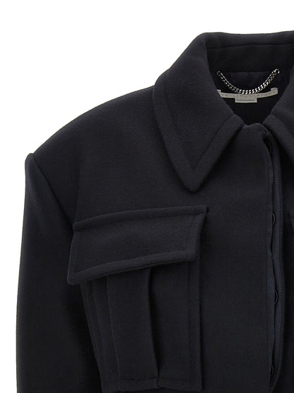 Overcoat by Stella McCartney for women in wool black features a contemporary silhouette showcasing a contemporary and refined pockets for a sophisticated finish.