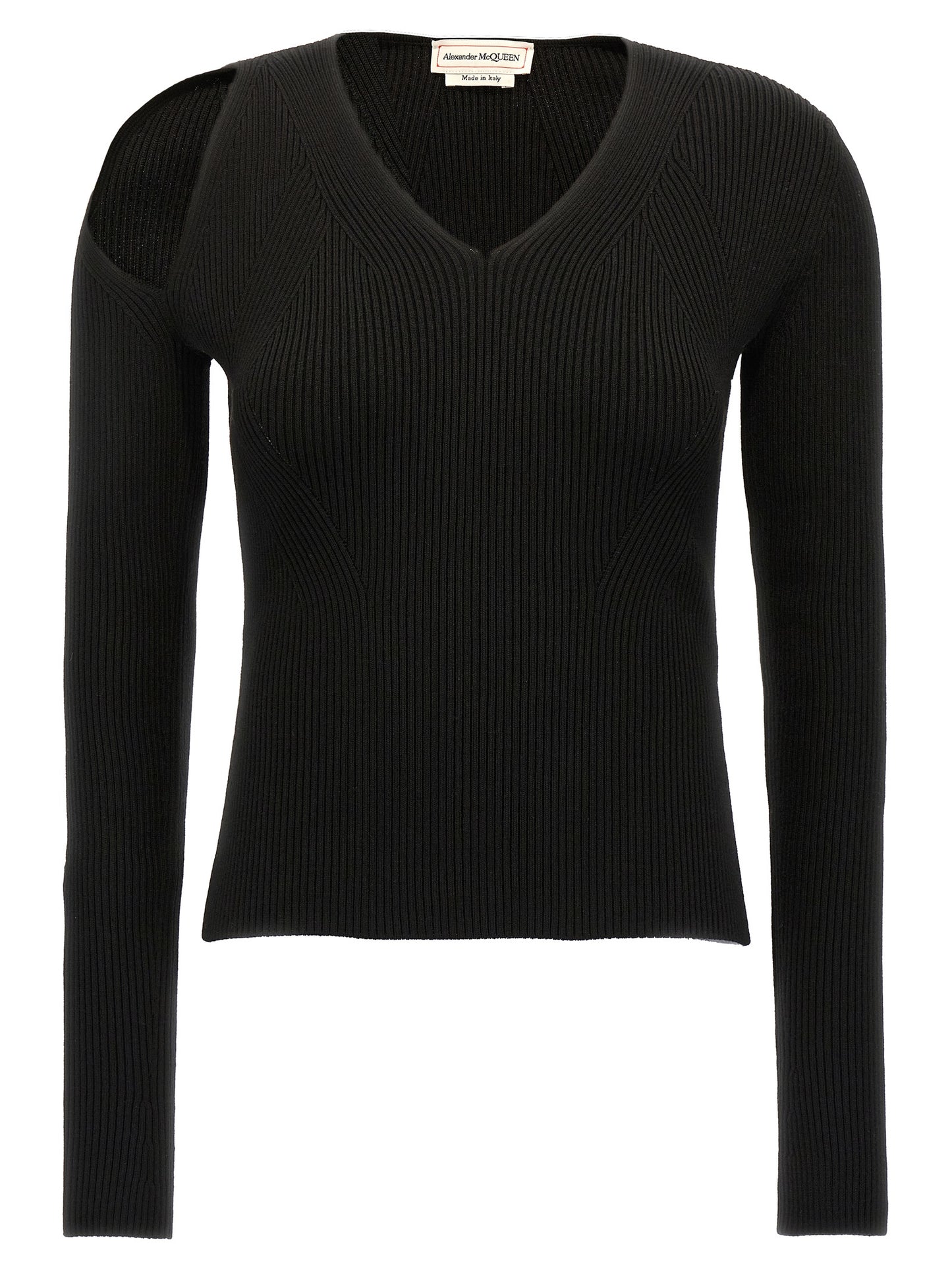 Cardigan by Alexander McQueen for women in wool & polyester black showcases a luxurious silhouette, meticulously detailed with a sophisticated v-neck neckline and long-sleeve for a refined finish.