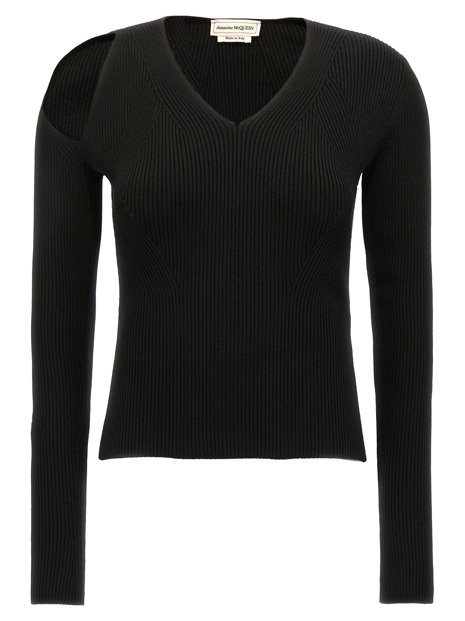 Cardigan by Alexander McQueen for women in wool & polyester black showcases a luxurious silhouette, meticulously detailed with a sophisticated v-neck neckline and long-sleeve for a refined finish.