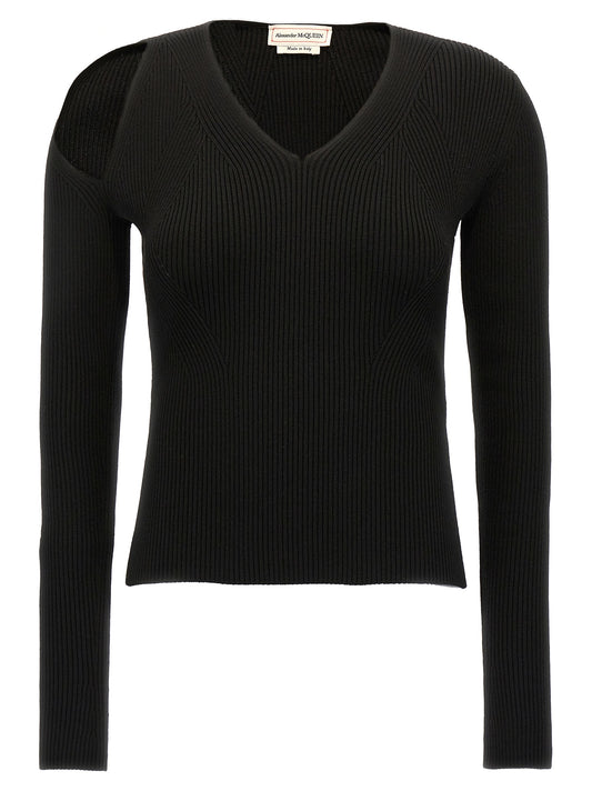 Cardigan by Alexander McQueen for women in wool & polyester black showcases a luxurious silhouette, meticulously detailed with a sophisticated v-neck neckline and long-sleeve for a refined finish.