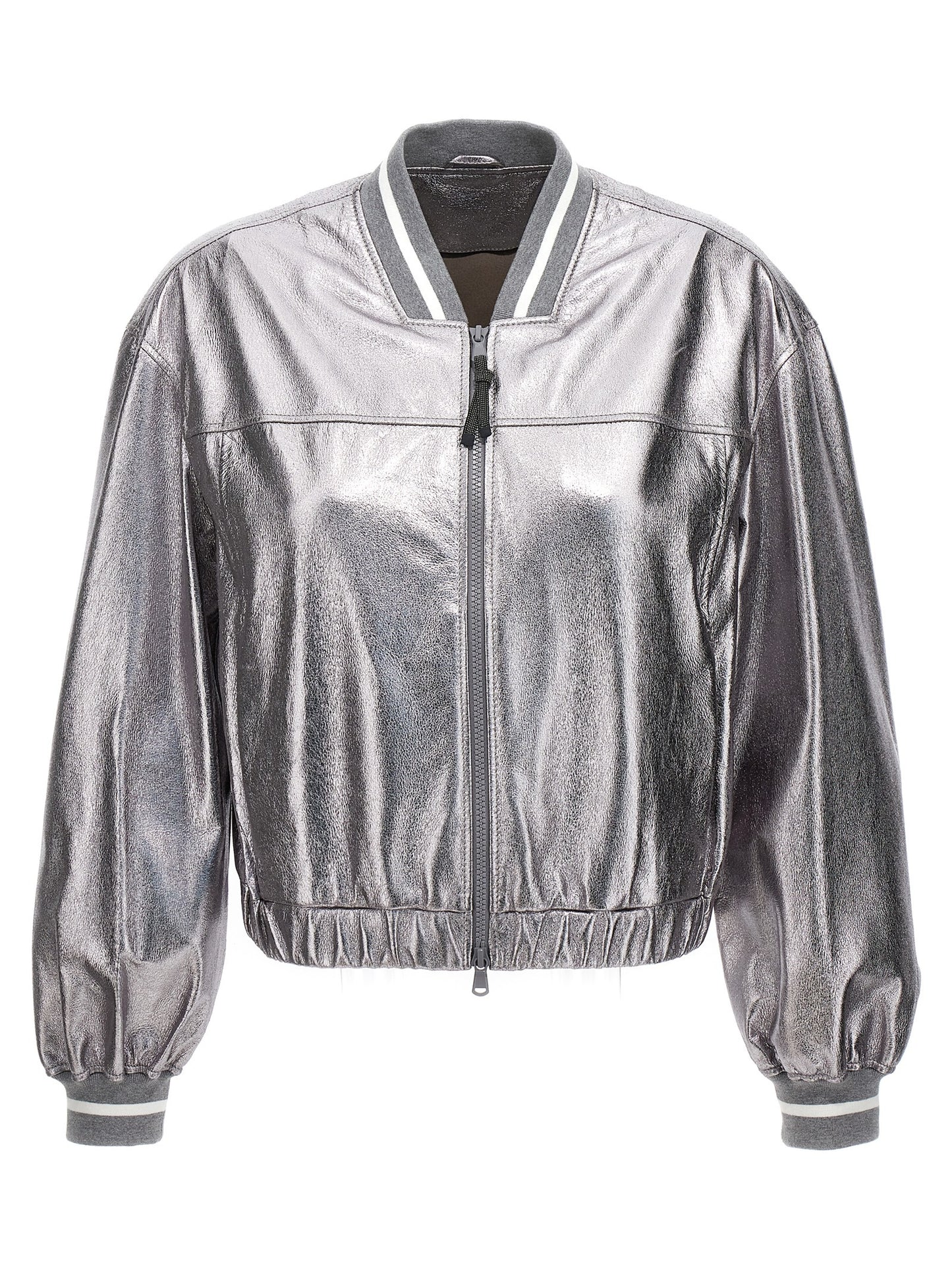 Bomber Jacket by Brunello Cucinelli for women in leather silver features a dramatic silhouette, showcasing a sophisticated and distinctive pockets for a dramatic aesthetic.