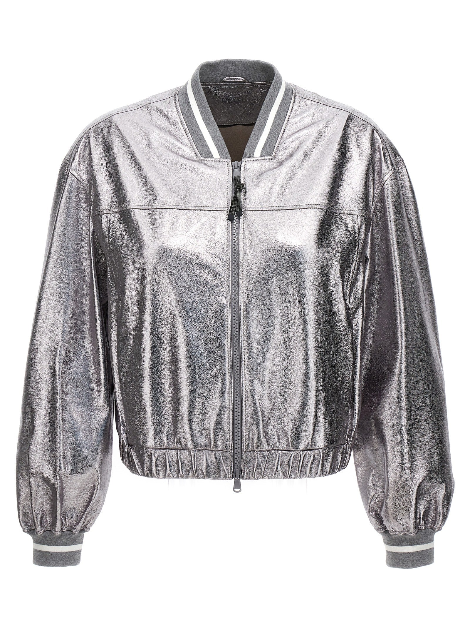 Bomber Jacket by Brunello Cucinelli for women in leather silver features a dramatic silhouette, showcasing a sophisticated and distinctive pockets for a dramatic aesthetic.
