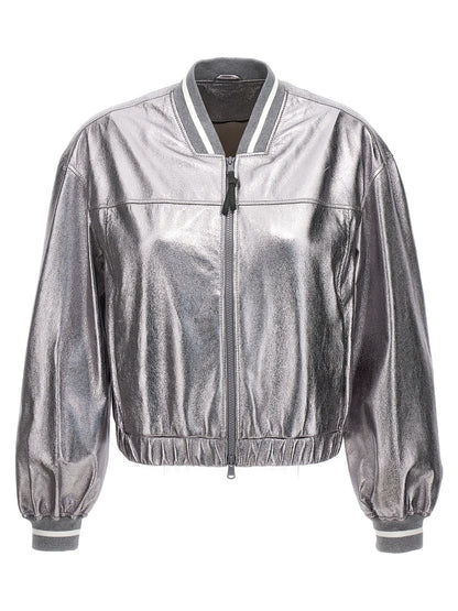 Bomber Jacket by Brunello Cucinelli for women in leather silver features a dramatic silhouette, showcasing a sophisticated and distinctive pockets for a dramatic aesthetic.