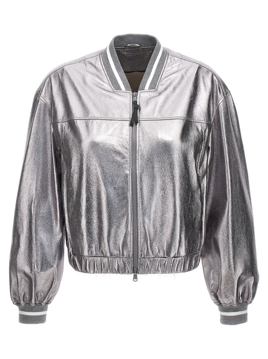 Bomber Jacket by Brunello Cucinelli for women in leather silver features a dramatic silhouette, showcasing a sophisticated and distinctive pockets for a dramatic aesthetic.