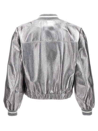 Bomber Jacket by Brunello Cucinelli for women in leather silver features an on trend silhouette, showcasing refined pockets and a sophisticated for a truly on trend finish.