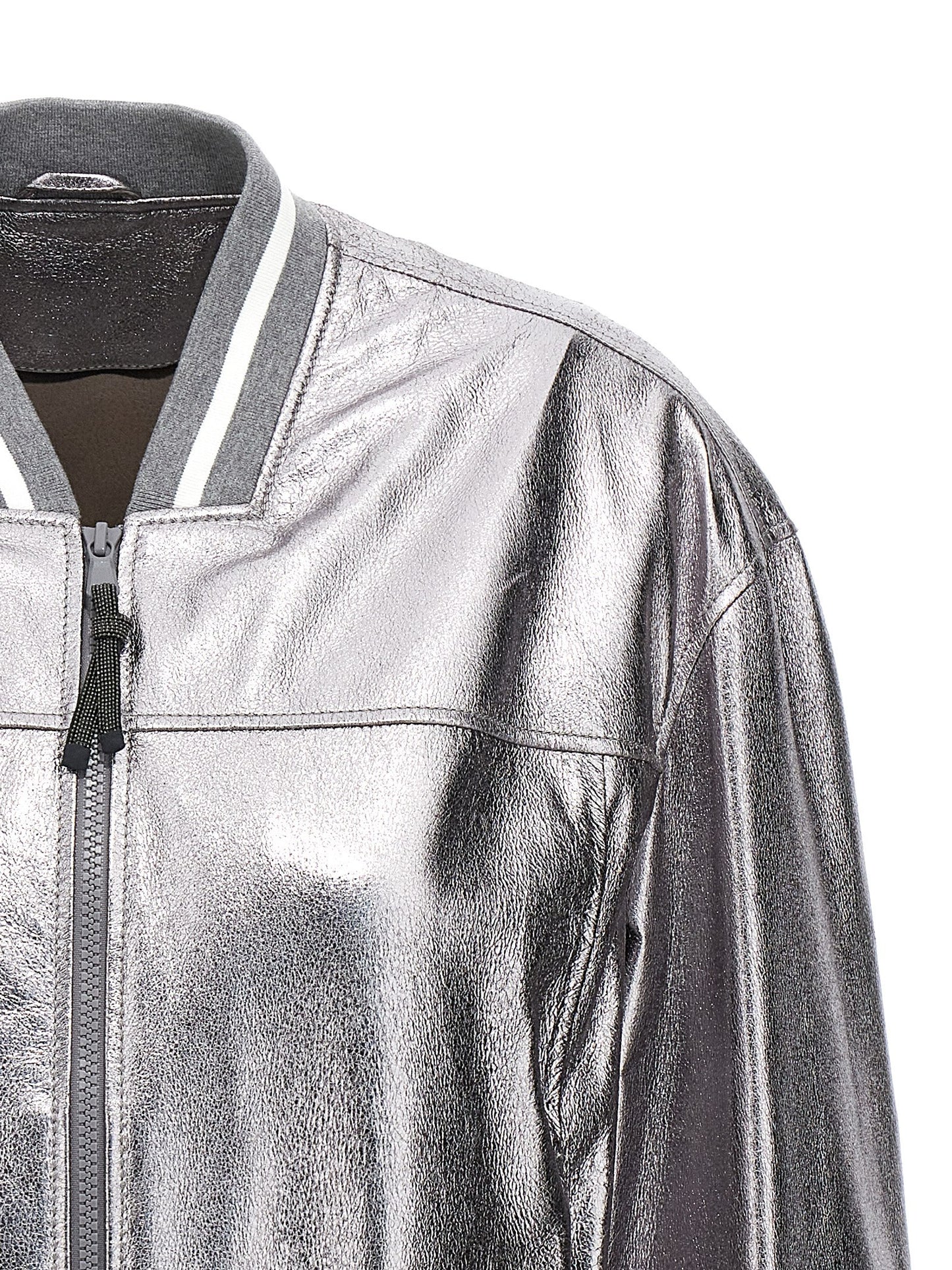 Bomber Jacket by Brunello Cucinelli for women in leather silver features an contemporary silhouette, showcasing a sophisticated and contemporary pockets for a truly refined look.