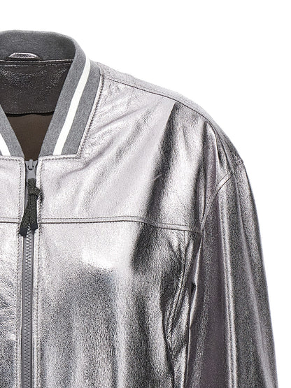 Bomber Jacket by Brunello Cucinelli for women in leather silver features an contemporary silhouette, showcasing a sophisticated and contemporary pockets for a truly refined look.