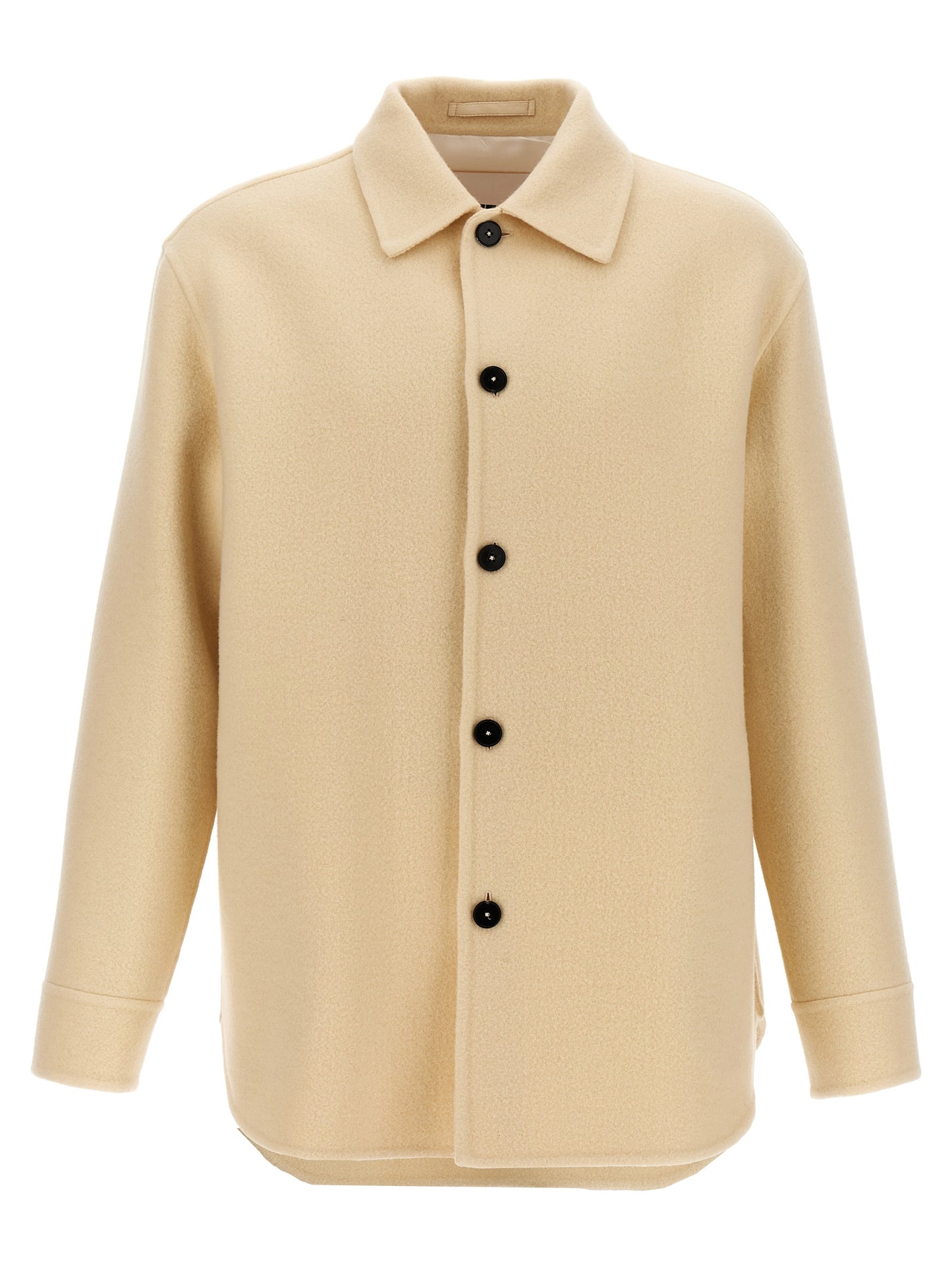 Overcoat by Jil Sander for men in virgin wool beige features an voluminous silhouette, showcasing distinct pockets and a voluminous for a truly voluminous aesthetic.