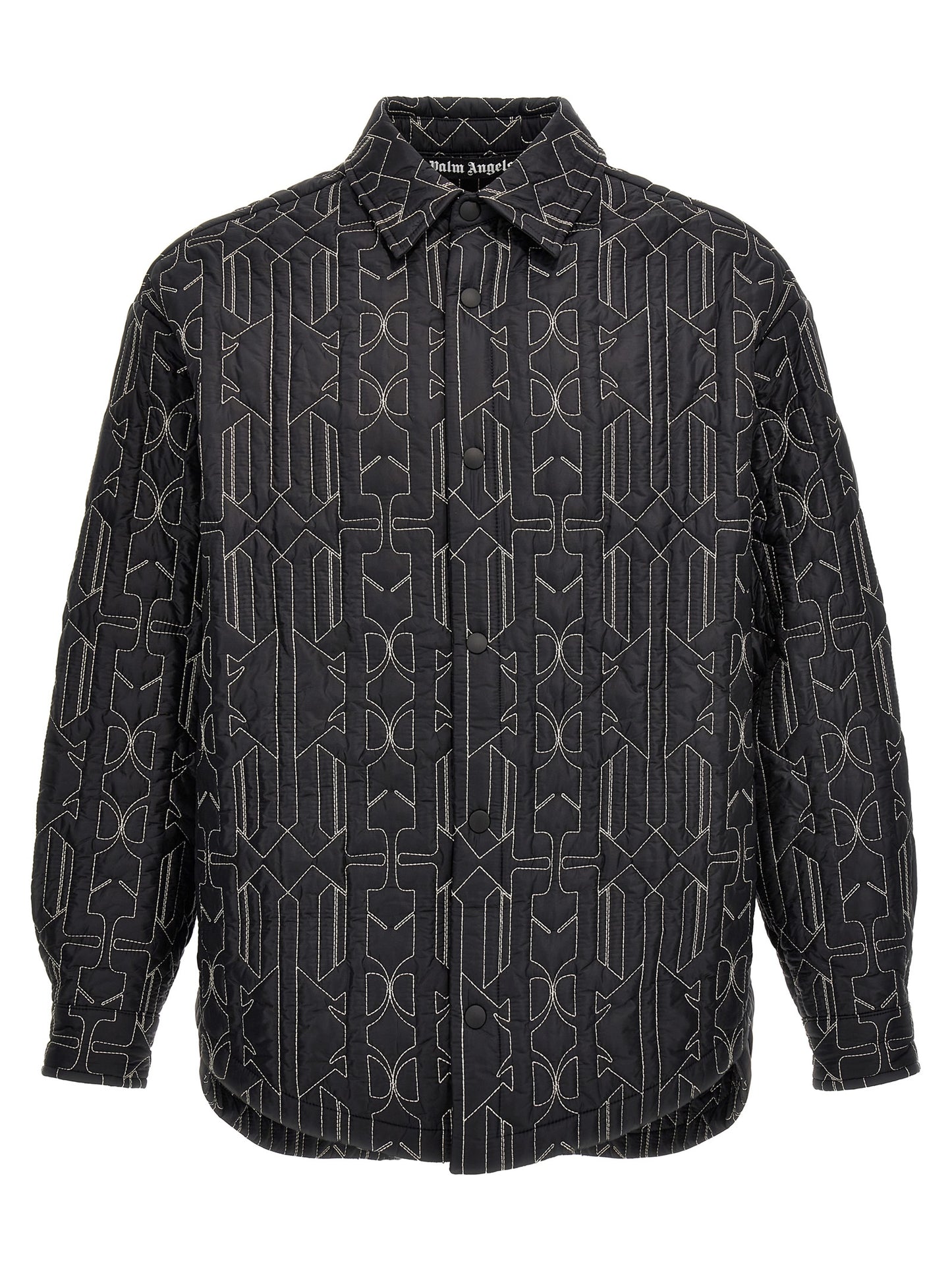 Windbreaker Jacket by Palm Angels for men in nylon gray, patterned & monogram features an stylish silhouette, showcasing a sophisticated shirt-collar neckline and performance-driven pockets, insulated & windproof for a premium, stylish look.
