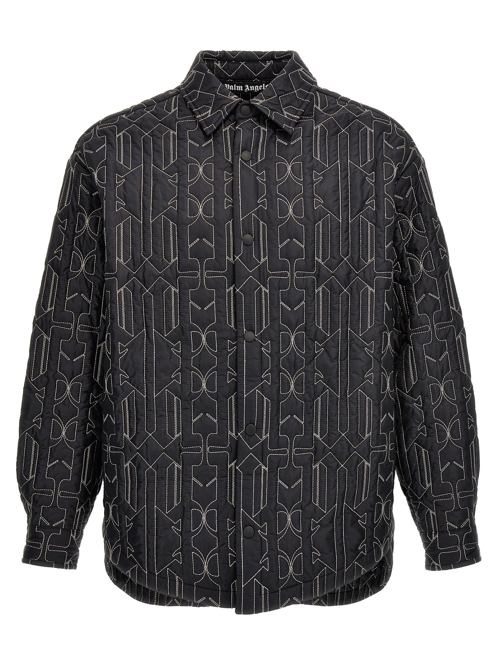 Windbreaker Jacket by Palm Angels for men in nylon gray, patterned & monogram features an stylish silhouette, showcasing a sophisticated shirt-collar neckline and performance-driven pockets, insulated & windproof for a premium, stylish look.