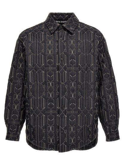Windbreaker Jacket by Palm Angels for men in nylon gray, patterned & monogram features an stylish silhouette, showcasing a sophisticated shirt-collar neckline and performance-driven pockets, insulated & windproof for a premium, stylish look.