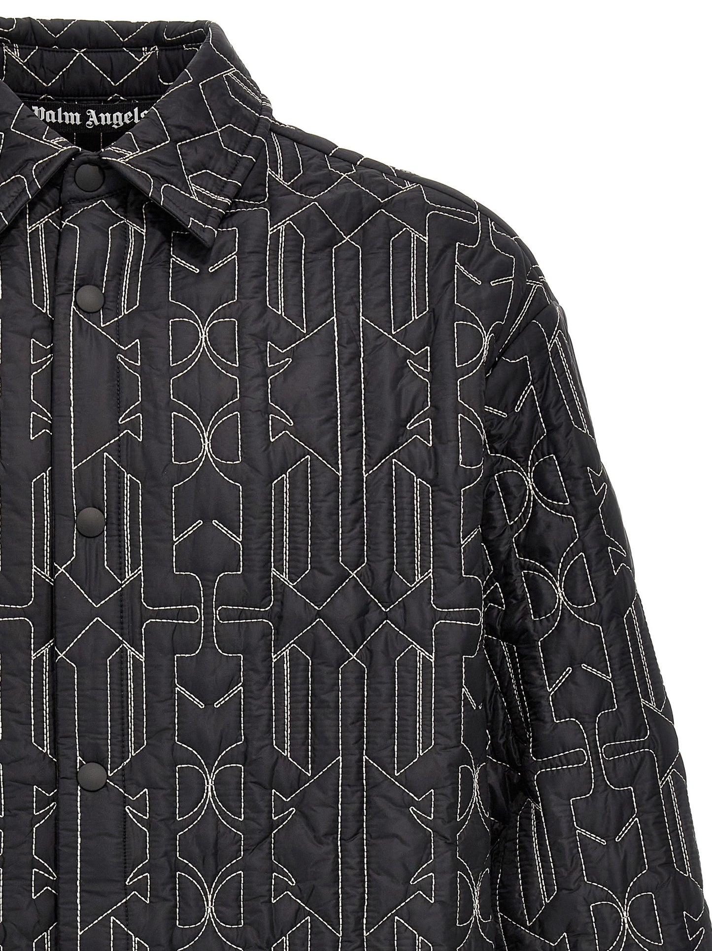 Windbreaker Jacket by Palm Angels for men in nylon gray, patterned & monogram showcases a urban chic silhouette, detailed with a urban chic shirt-collar neckline and functional pockets, insulated & windproof for a polished finish.