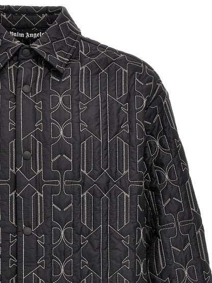 Windbreaker Jacket by Palm Angels for men in nylon gray, patterned & monogram showcases a urban chic silhouette, detailed with a urban chic shirt-collar neckline and functional pockets, insulated & windproof for a polished finish.
