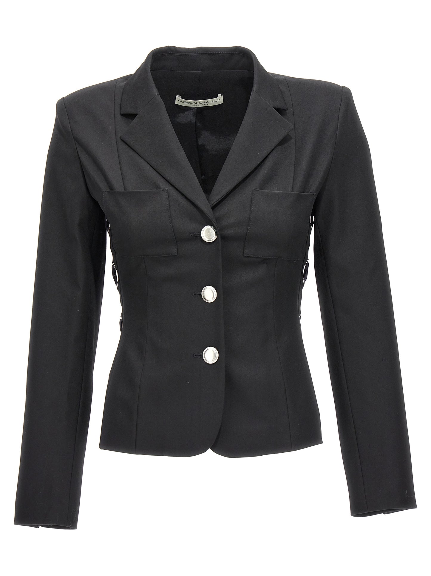Blazer by Alessandra Rich for women in wool black presents a distinguished silhouette, detailed with a distinguished and distinctive for a truly sophisticated finish.