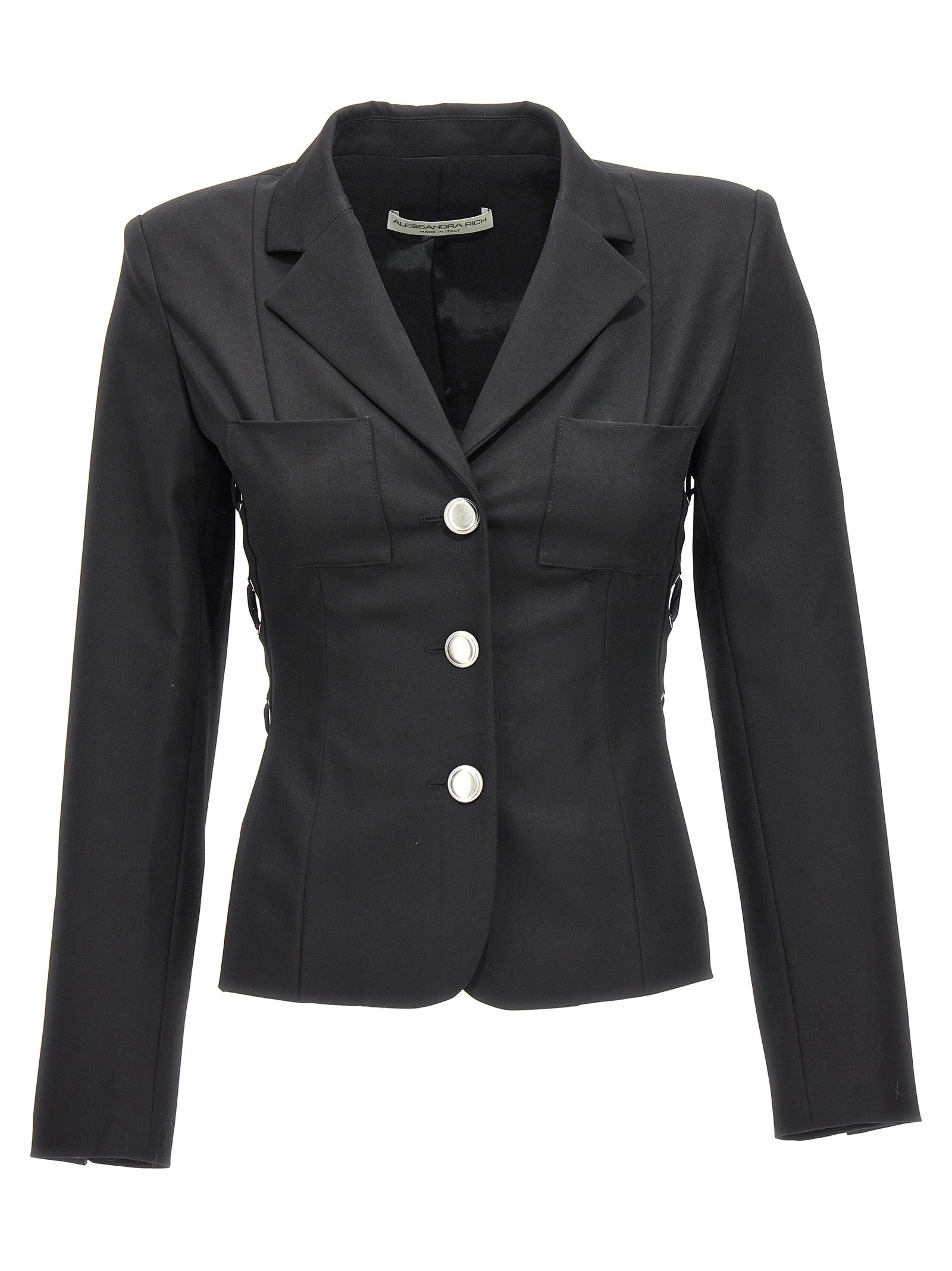 Blazer by Alessandra Rich for women in wool black presents a distinguished silhouette, detailed with a distinguished and distinctive for a truly sophisticated finish.