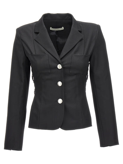 Blazer by Alessandra Rich for women in wool black presents a distinguished silhouette, detailed with a distinguished and distinctive for a truly sophisticated finish.