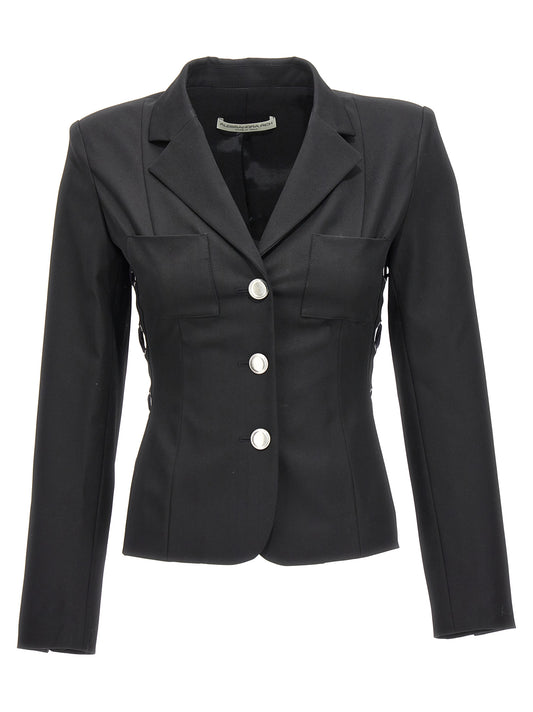 Blazer by Alessandra Rich for women in wool black presents a distinguished silhouette, detailed with a distinguished and distinctive for a truly sophisticated finish.