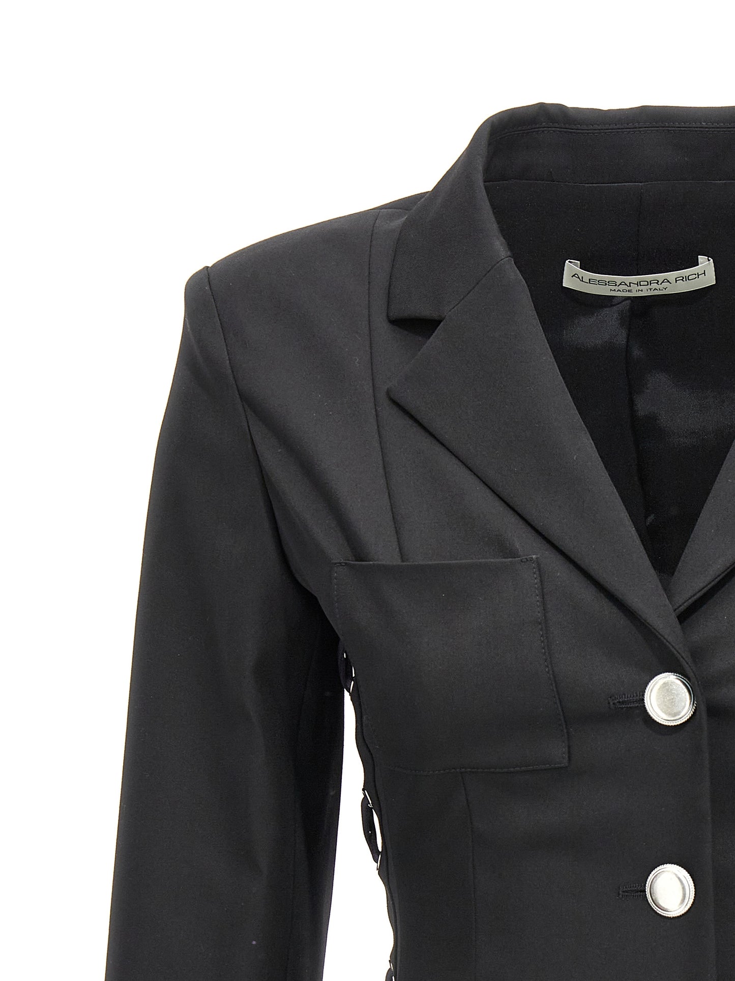 Blazer by Alessandra Rich for women in wool black showcases a discerning silhouette, elegantly detailed with a sophisticated and premium for a truly discerning finish.