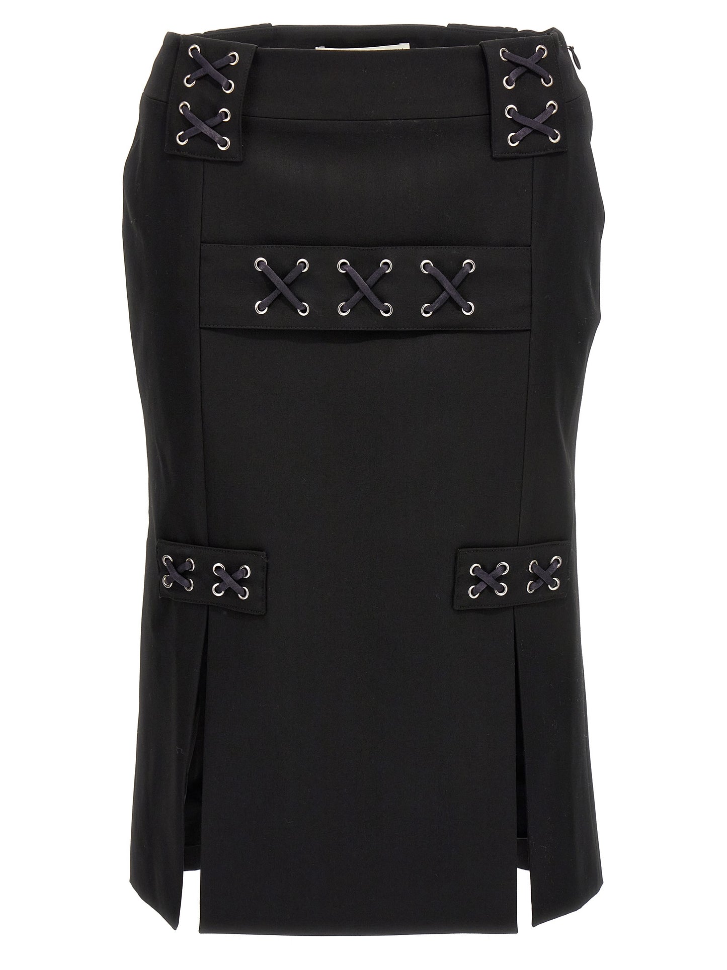 Skirt by Alessandra Rich for women in wool black showcases a dramatic silhouette, artfully capturing the essence of the Women's Wool Midi Skirt in a dramatic midi cut for a refined look.
