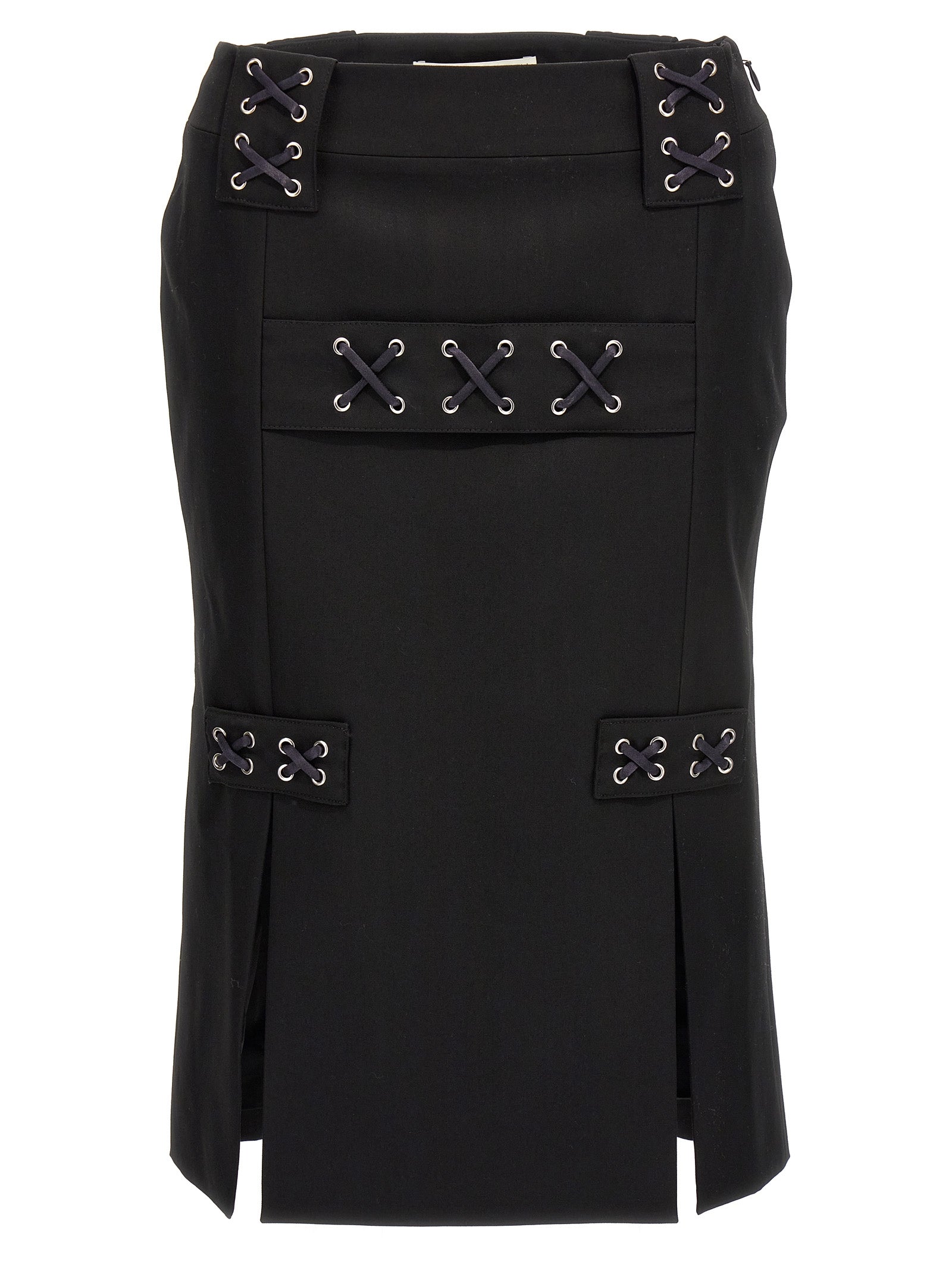 Skirt by Alessandra Rich for women in wool black showcases a dramatic silhouette, artfully capturing the essence of the Women's Wool Midi Skirt in a dramatic midi cut for a refined look.