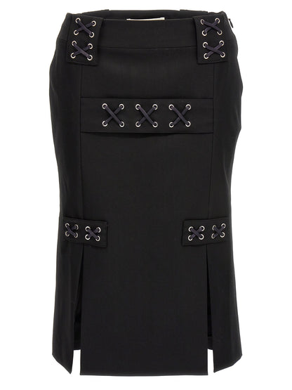 Skirt by Alessandra Rich for women in wool black showcases a dramatic silhouette, artfully capturing the essence of the Women's Wool Midi Skirt in a dramatic midi cut for a refined look.