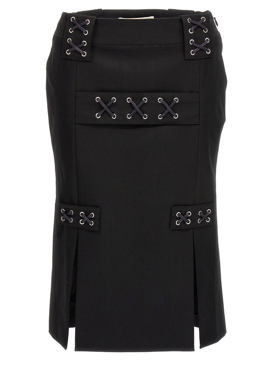 Skirt by Alessandra Rich for women in wool black showcases a dramatic silhouette, artfully capturing the essence of the Women's Wool Midi Skirt in a dramatic midi cut for a refined look.