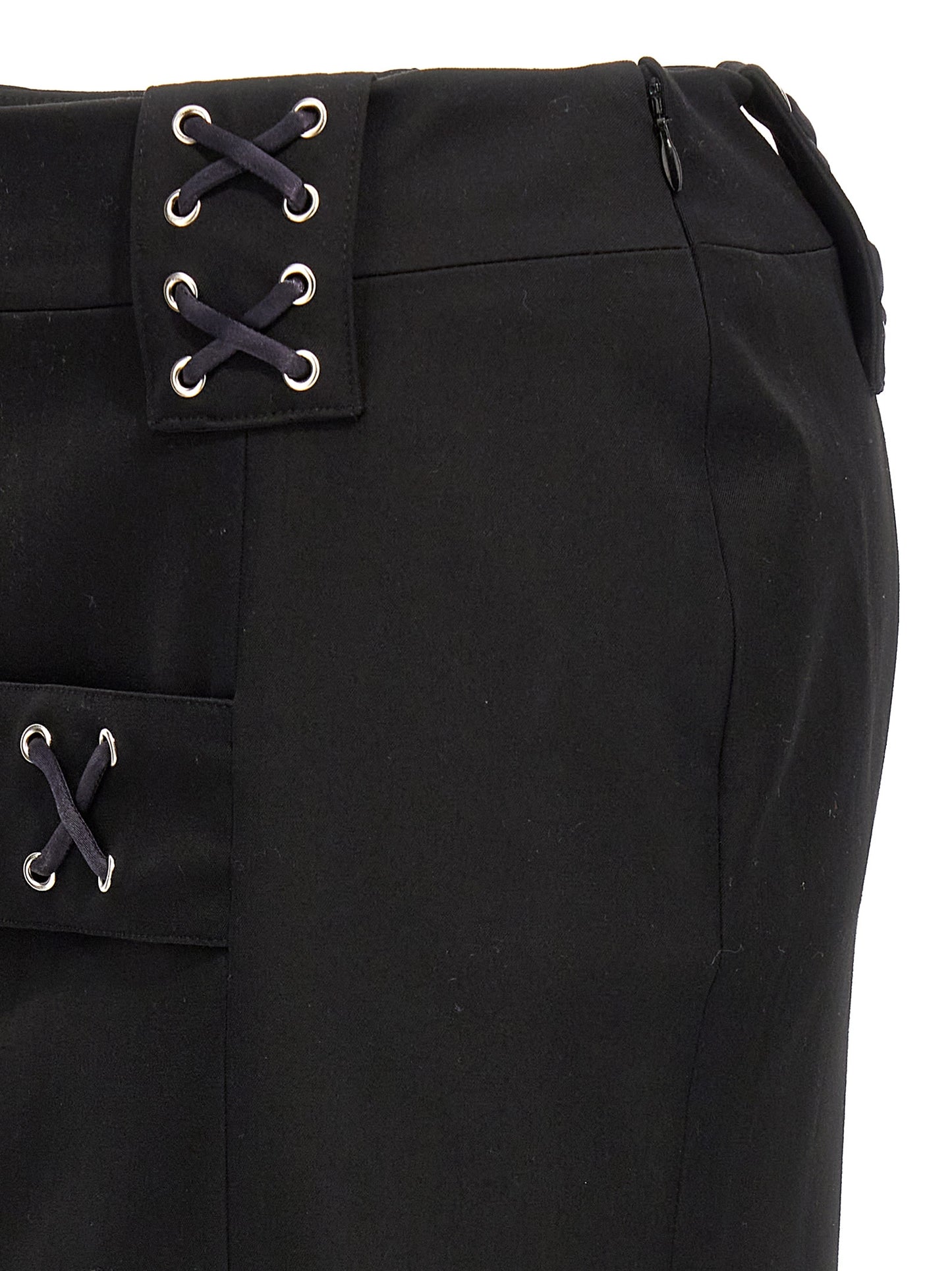 Skirt by Alessandra Rich for women in wool black showcases a sultry silhouette, elegantly defined by its midi and the sophisticated sultry design of the Women's Wool Midi Skirt.