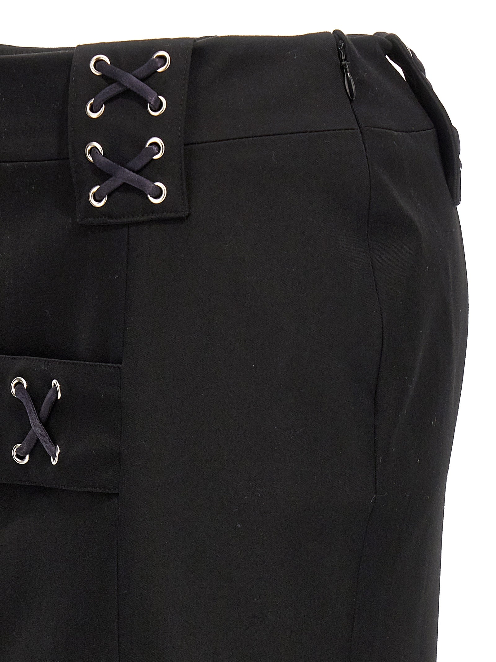 Skirt by Alessandra Rich for women in wool black showcases a sultry silhouette, elegantly defined by its midi and the sophisticated sultry design of the Women's Wool Midi Skirt.