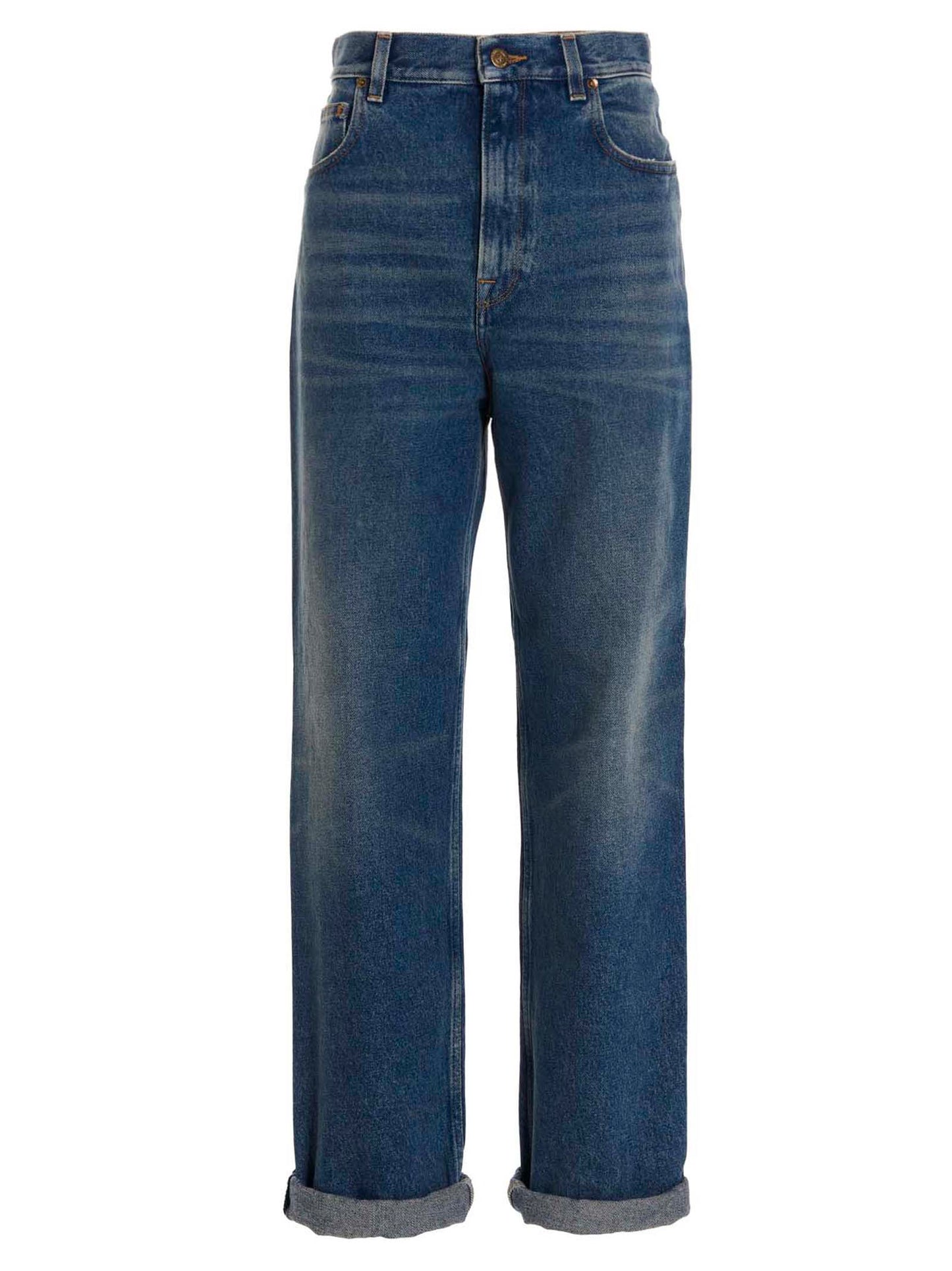 Jeans by Golden Goose for women in denim cotton blue features a polished silhouette with a polished straight-leg & relaxed-fit, reaching a polished long and finished with a polished .