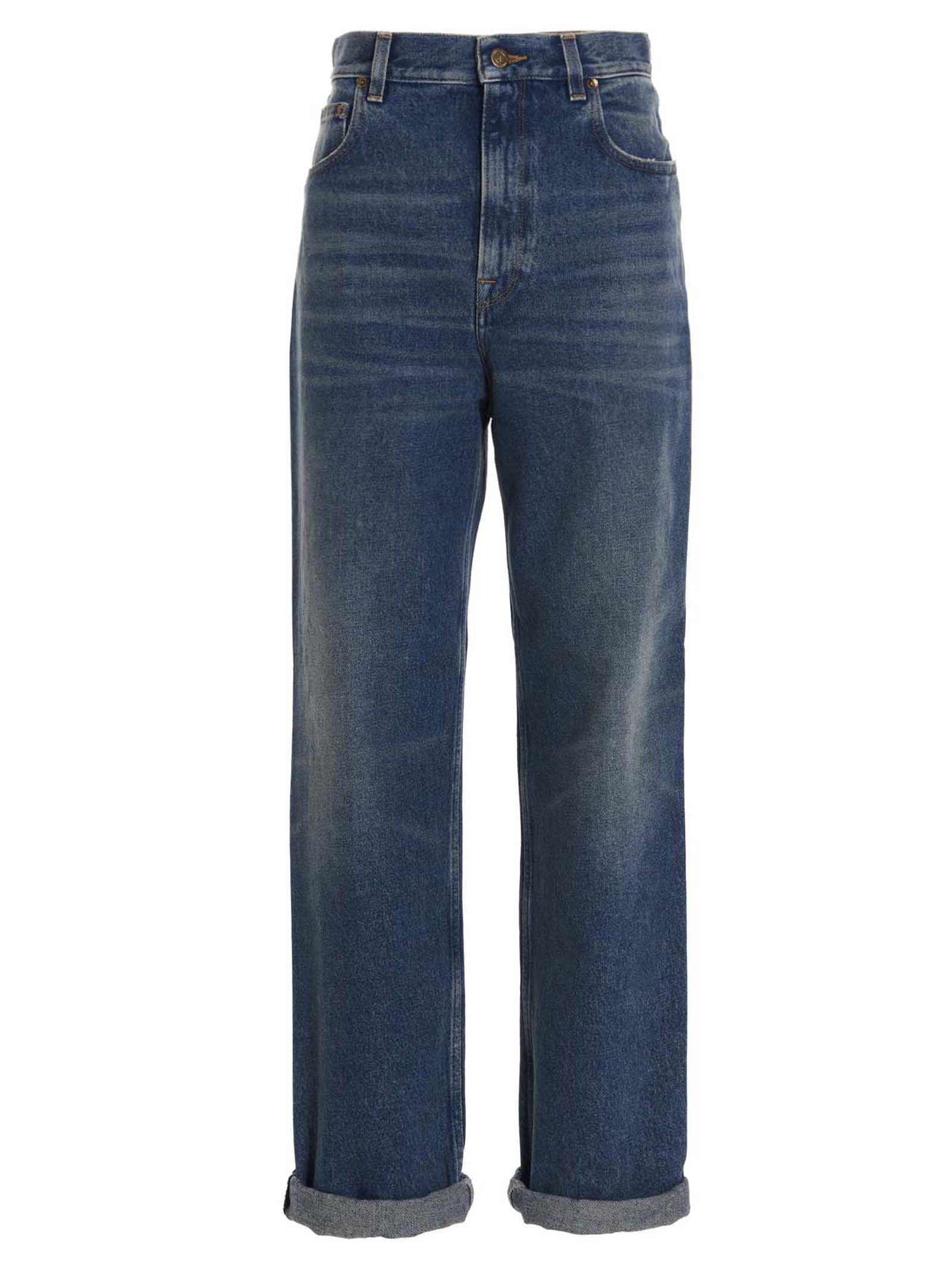 Jeans by Golden Goose for women in denim cotton blue features a polished silhouette with a polished straight-leg & relaxed-fit, reaching a polished long and finished with a polished .