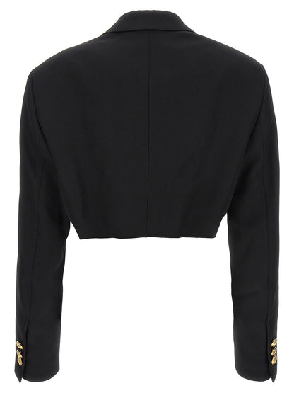 Blazer by Palm Angels for women in wool & polyester black & gold showcases a discerning silhouette, elegantly detailed with a sophisticated and premium for a truly discerning finish.