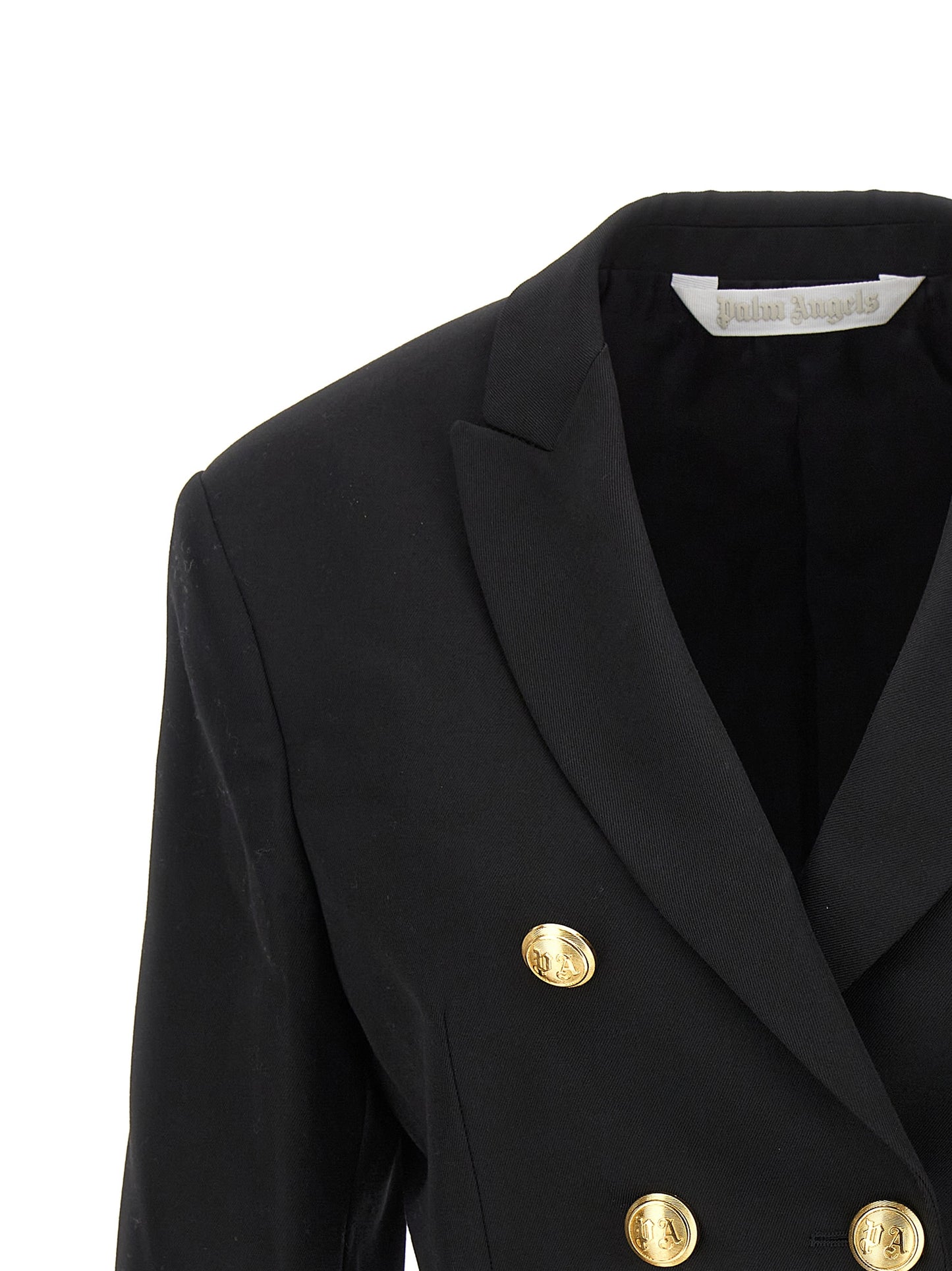 Blazer by Palm Angels for women in wool & polyester black & gold showcases a polished silhouette, highlighted by a refined and polished for a sophisticated finish.