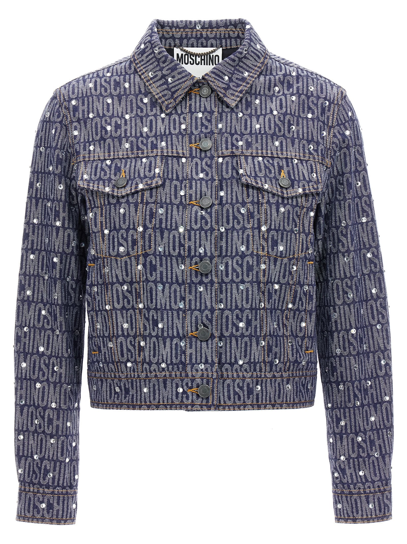 Trucker Jacket by Moschino for women in polyester denim cotton & rhinestone blue & patterned features an on trend silhouette, showcasing refined pockets and a sophisticated for a truly on trend finish.