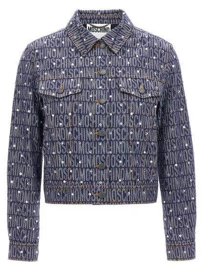 Trucker Jacket by Moschino for women in polyester denim cotton & rhinestone blue & patterned features an on trend silhouette, showcasing refined pockets and a sophisticated for a truly on trend finish.