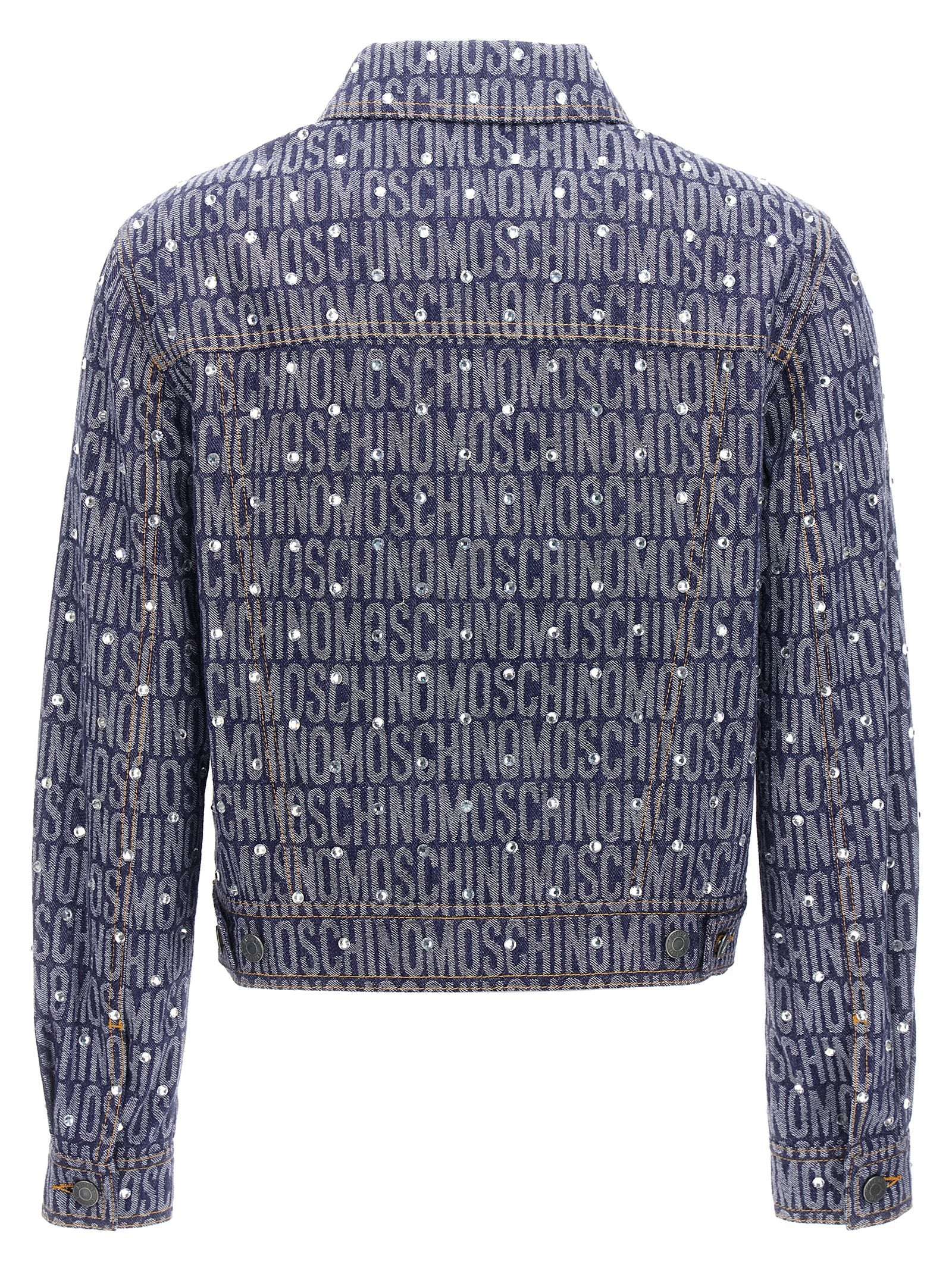 Trucker Jacket by Moschino for women in polyester denim cotton & rhinestone blue & patterned presents a effortlessly chic silhouette, showcasing a sophisticated and premium pockets for a truly effortlessly chic finish.