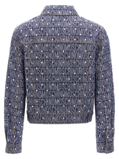 Trucker Jacket by Moschino for women in polyester denim cotton & rhinestone blue & patterned presents a effortlessly chic silhouette, showcasing a sophisticated and premium pockets for a truly effortlessly chic finish.