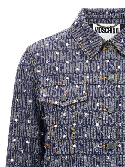 Trucker Jacket by Moschino for women in polyester denim cotton & rhinestone blue & patterned features an on trend silhouette, showcasing refined pockets and a sophisticated for a truly on trend finish.