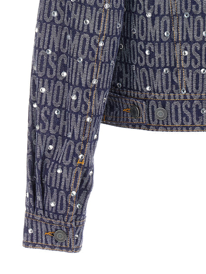 Trucker Jacket by Moschino for women in polyester denim cotton & rhinestone blue & patterned features a dramatic silhouette, showcasing a sophisticated and distinctive pockets for a dramatic aesthetic.