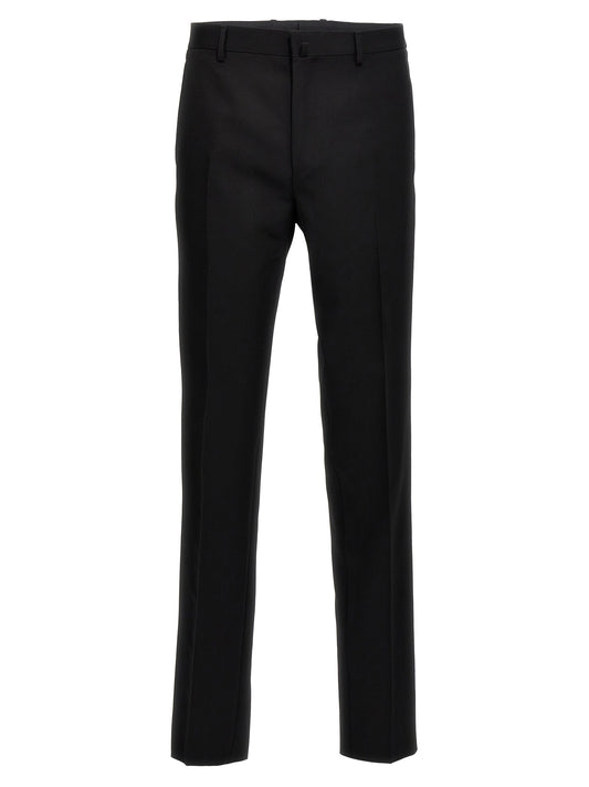Trousers by Lanvin for men in satin wool black features a sculptural silhouette, showcasing a sculptural and long with a sophisticated for a sculptural finish.