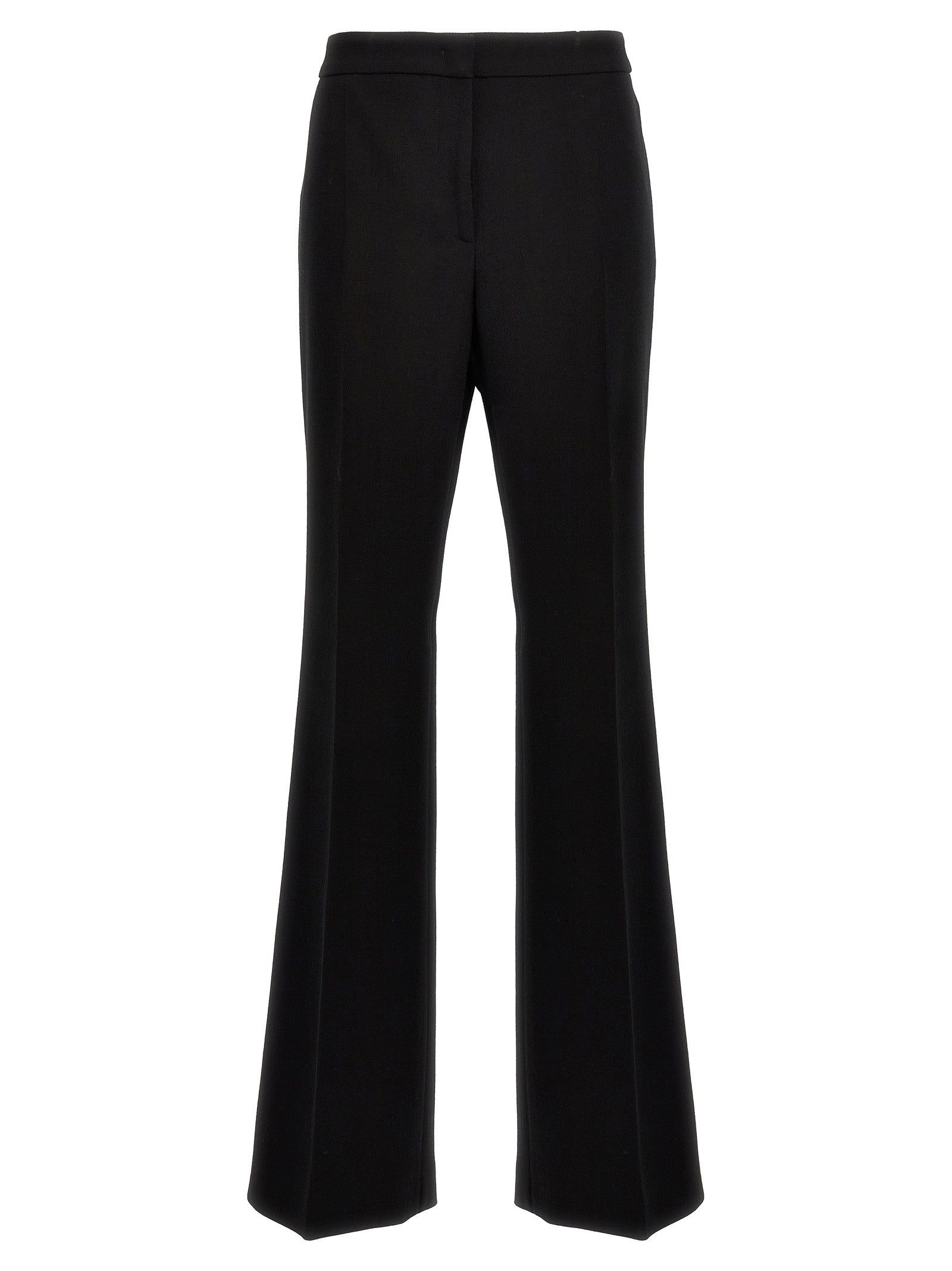 Chinos Pants by Moschino for women in viscose wool crepe black presents a sartorial luxe silhouette, showcasing a sophisticated wide with a long and for a premium, sartorial luxe finish.