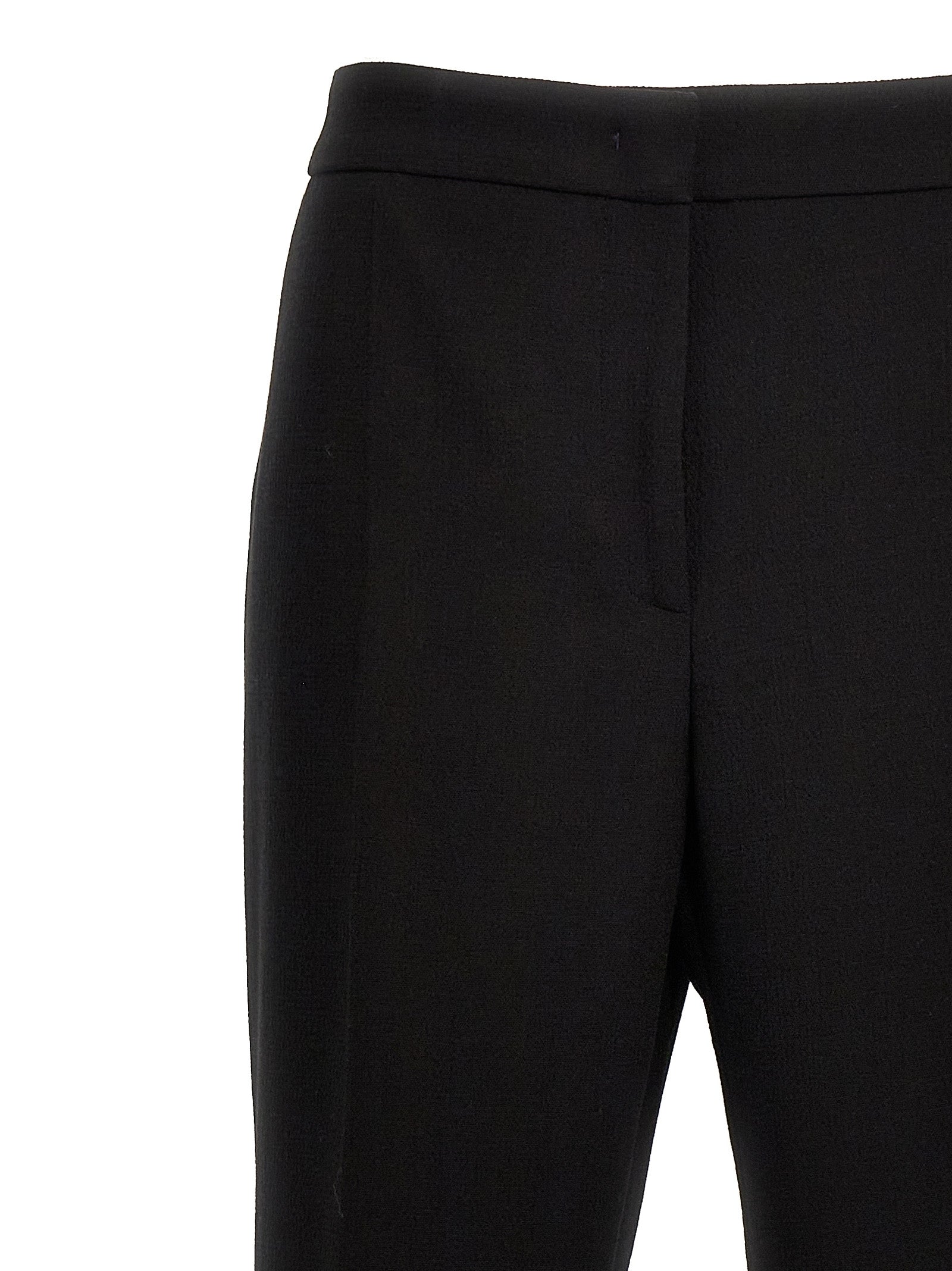 Chinos Pants by Moschino for women in viscose wool crepe black features a modern silhouette, showcasing a modern wide with a long and for a refined finish.
