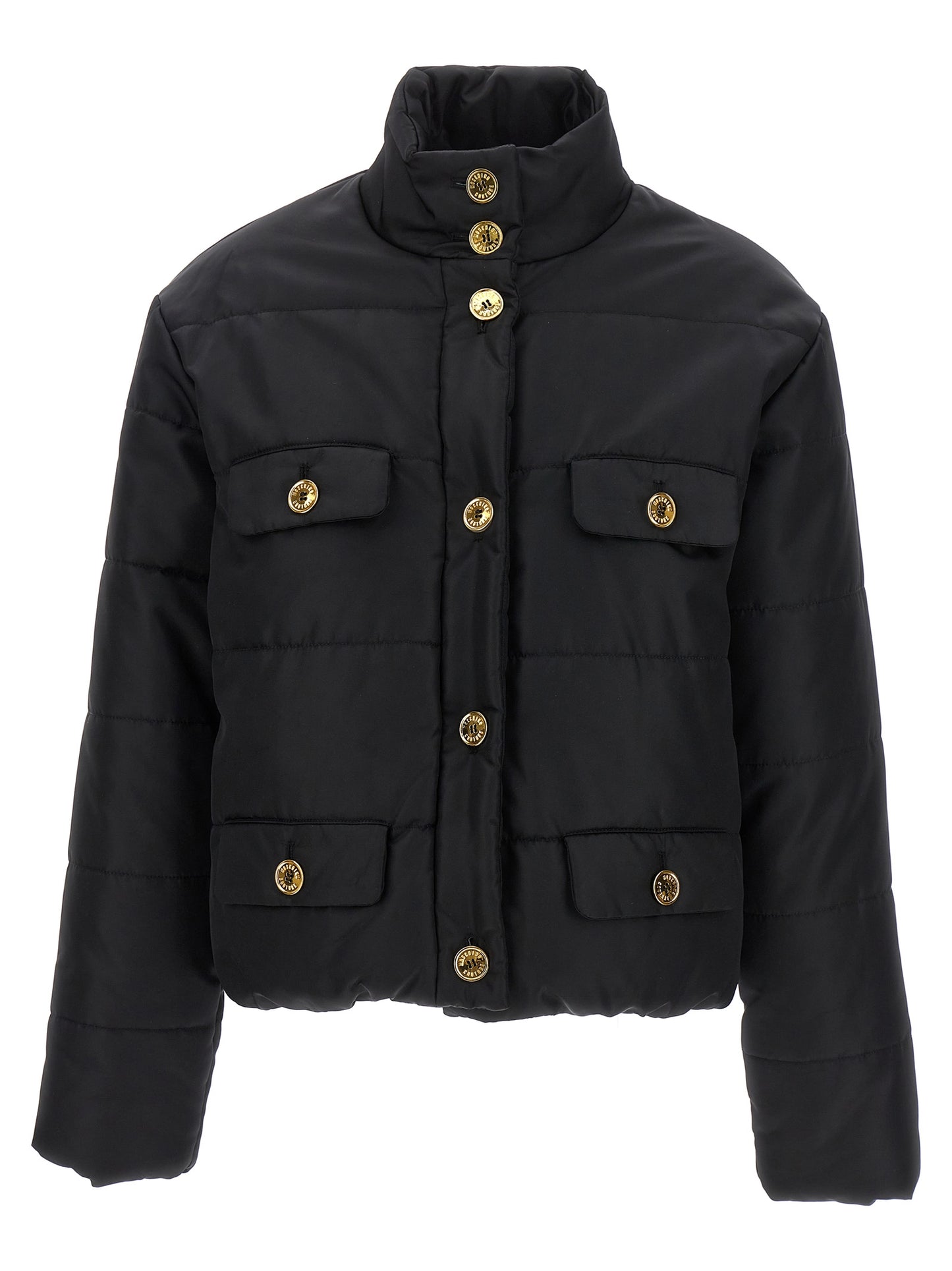 Puffer Jacket by Moschino for women in polyamide black & gold showcases a bohemian silhouette, artfully detailed with a bohemian and signature insulated for a truly bohemian finish.
