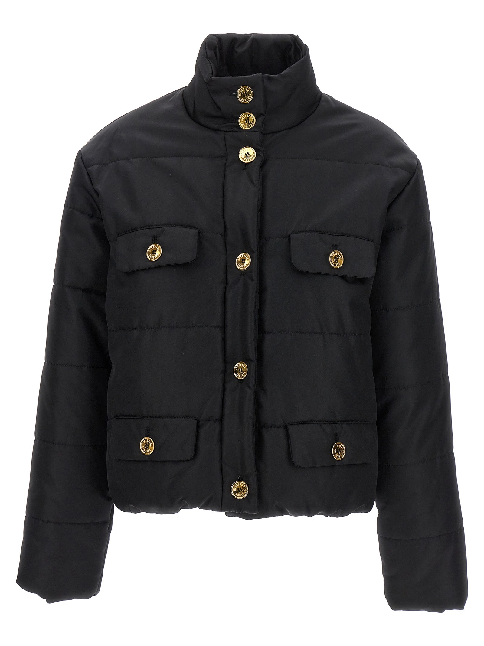 Puffer Jacket by Moschino for women in polyamide black & gold showcases a bohemian silhouette, artfully detailed with a bohemian and signature insulated for a truly bohemian finish.