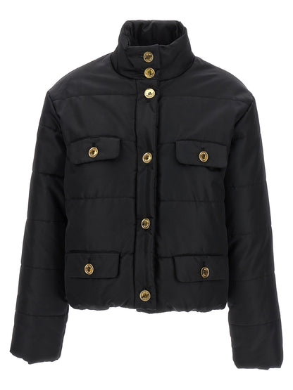 Puffer Jacket by Moschino for women in polyamide black & gold showcases a bohemian silhouette, artfully detailed with a bohemian and signature insulated for a truly bohemian finish.