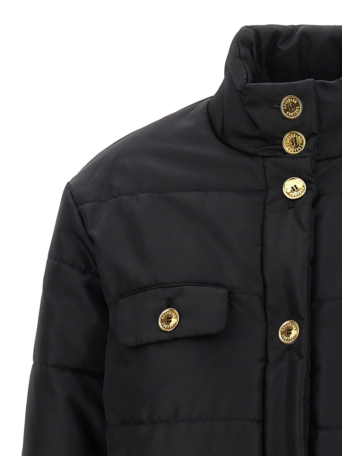 Puffer Jacket by Moschino for women in polyamide black & gold features a dramatic silhouette, showcasing a sophisticated and distinctive insulated for a dramatic aesthetic.