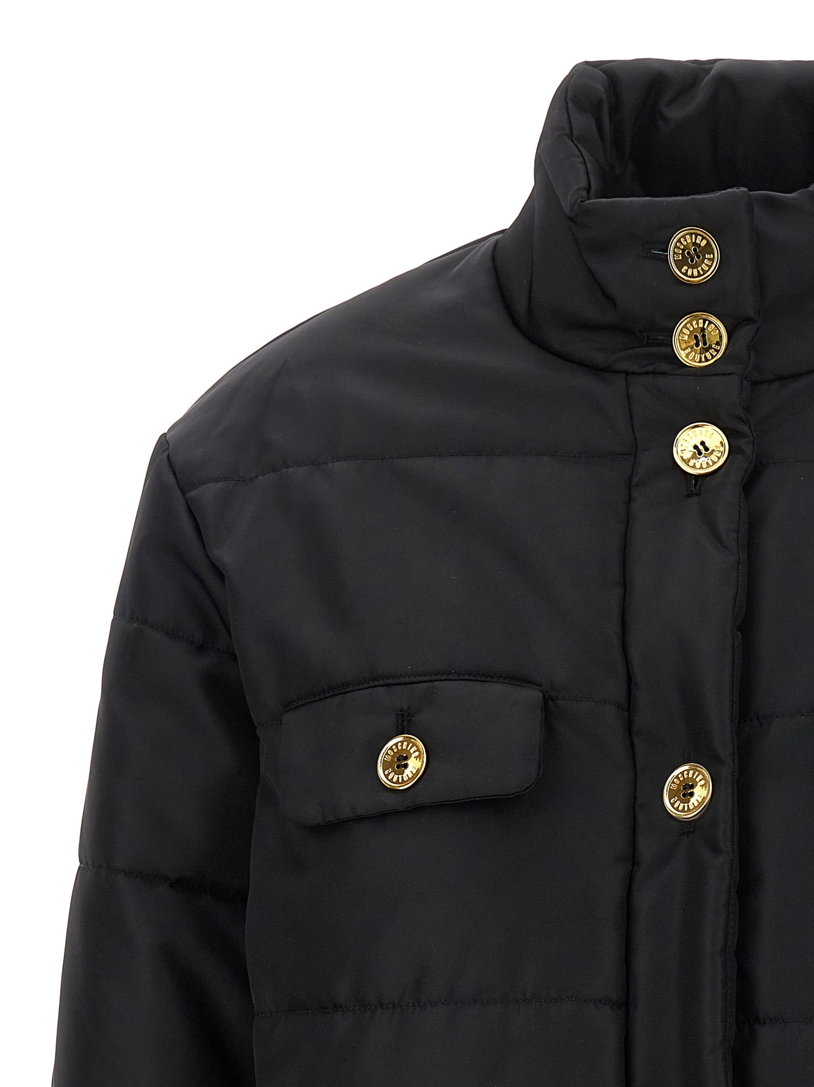 Puffer Jacket by Moschino for women in polyamide black & gold features a dramatic silhouette, showcasing a sophisticated and distinctive insulated for a dramatic aesthetic.
