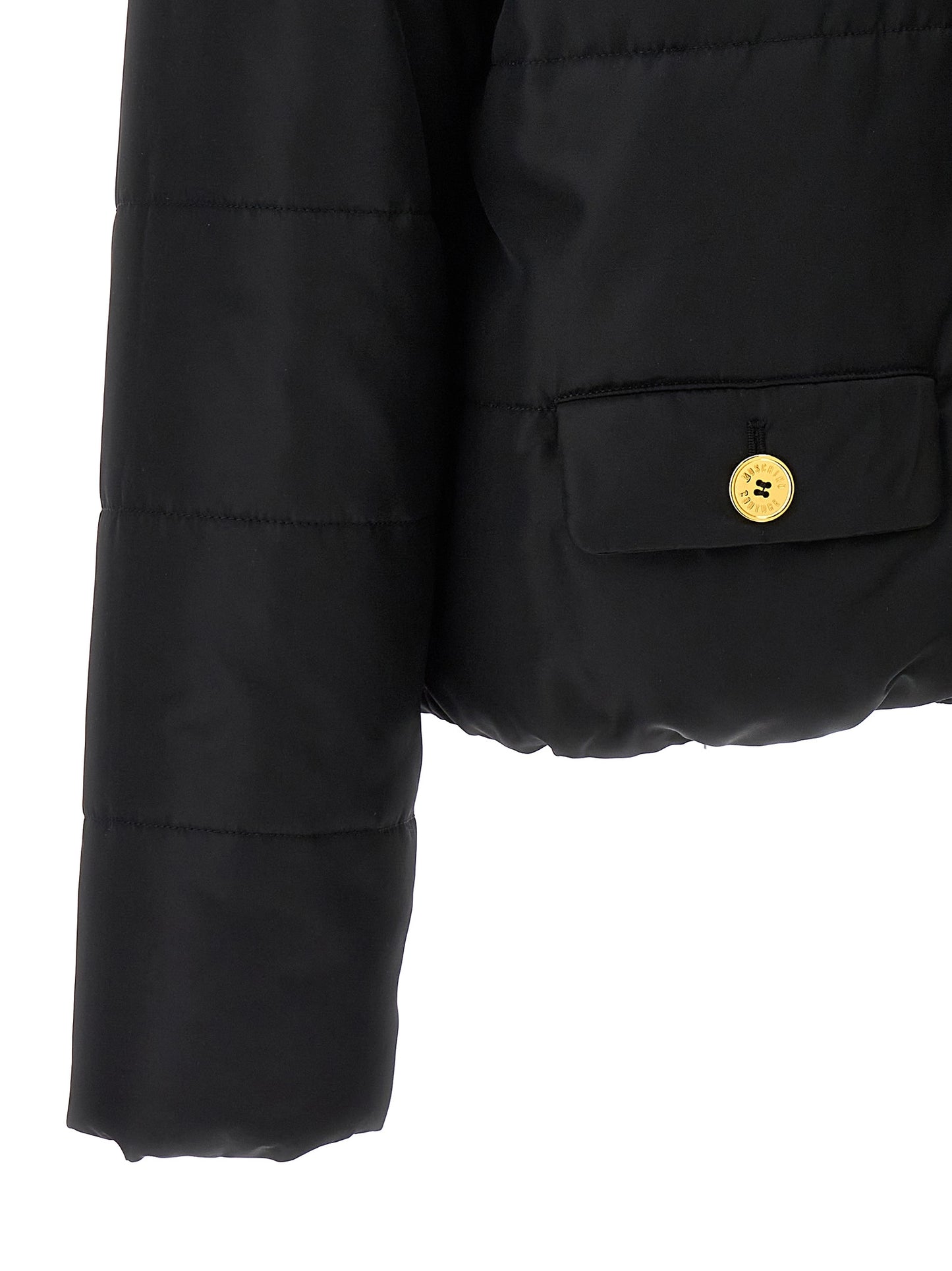 Puffer Jacket by Moschino for women in polyamide black & gold presents a effortlessly chic silhouette, showcasing a sophisticated and premium insulated for a truly effortlessly chic finish.