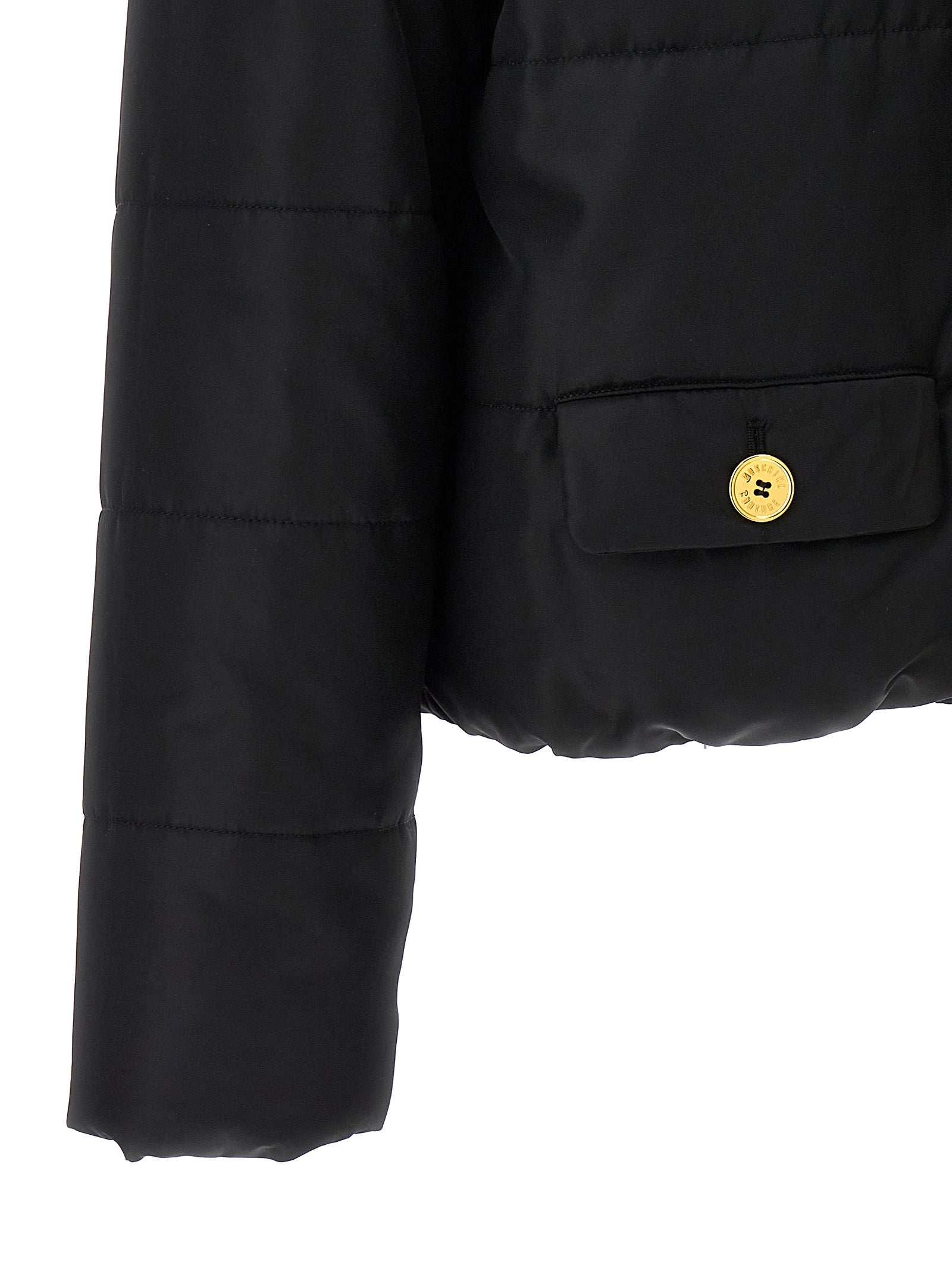 Puffer Jacket by Moschino for women in polyamide black & gold presents a effortlessly chic silhouette, showcasing a sophisticated and premium insulated for a truly effortlessly chic finish.
